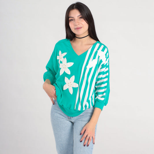 80s Green Floral Studded Striped Blouse V-Neck 3/4 Sleeve Medium