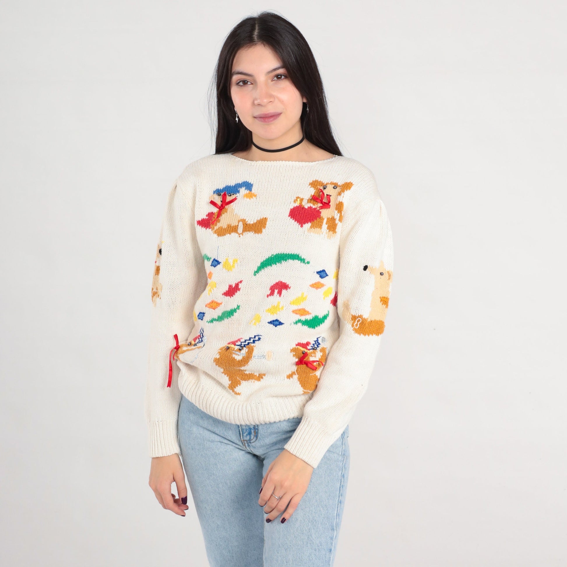 80s Animal Marching Band Sweater Teddy Bear Possum Dog Knit Medium