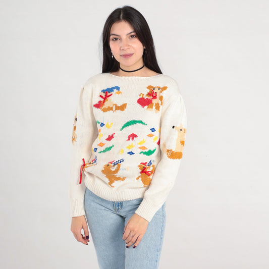 80s Animal Marching Band Sweater Teddy Bear Possum Dog Knit Medium