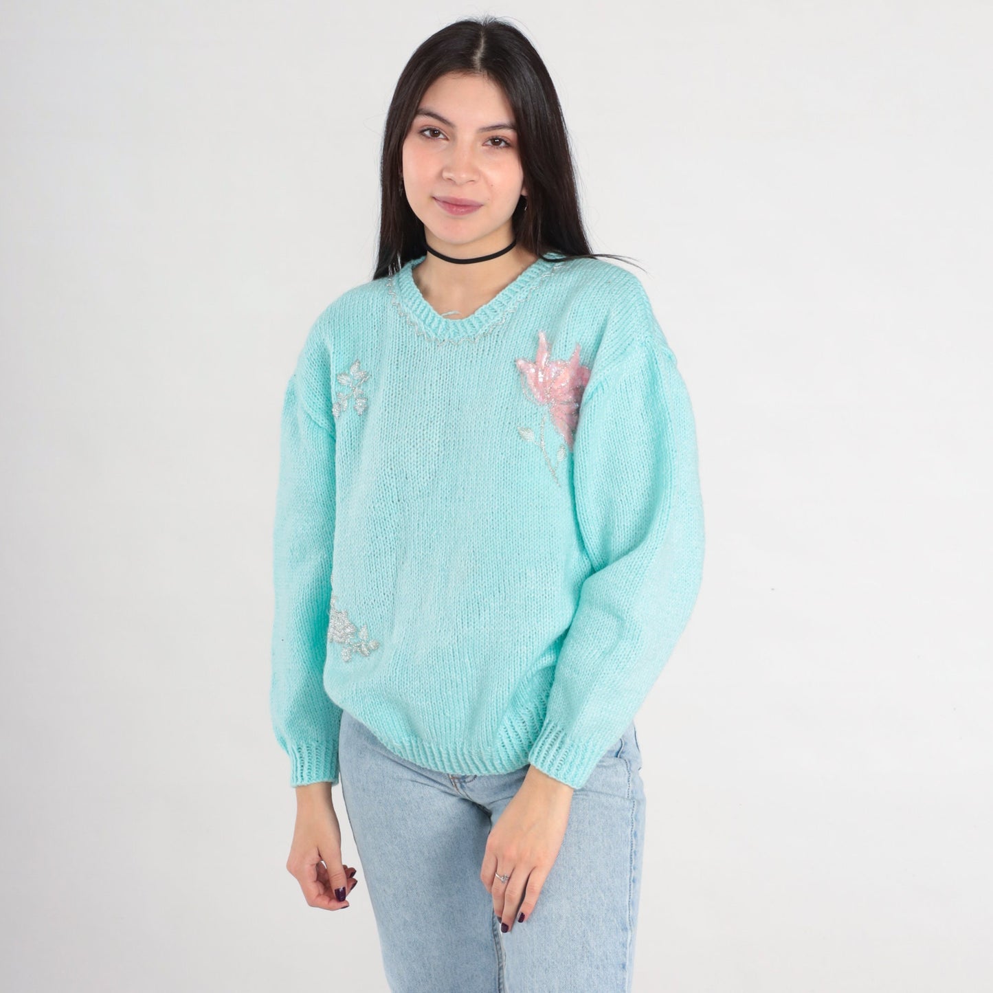 80s Mint Blue Floral Beaded Sequin Knit Sweater Pullover Medium