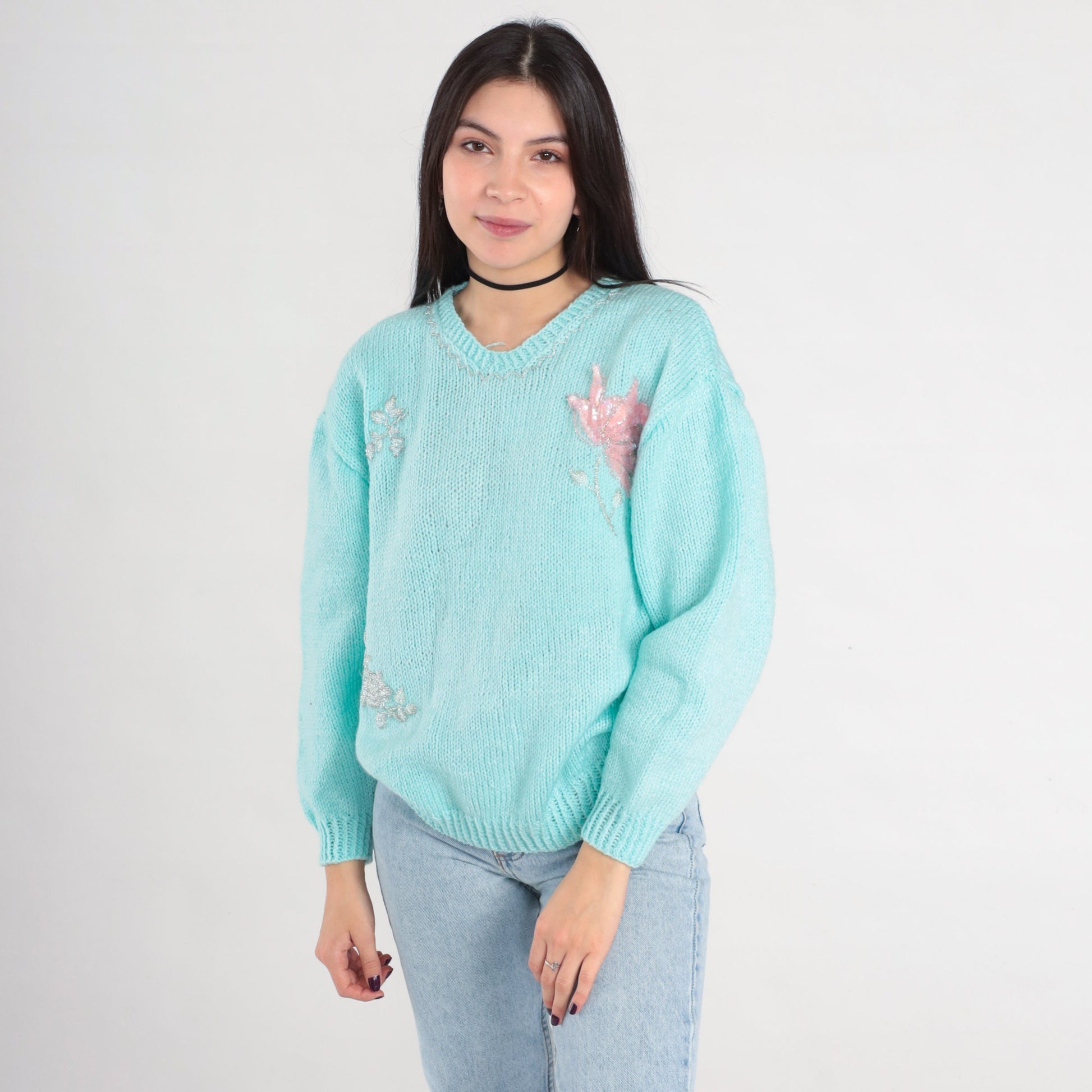 80s Mint Blue Floral Beaded Sequin Knit Sweater Pullover Medium
