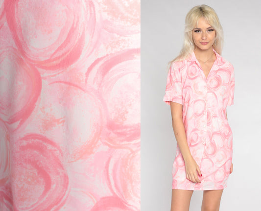 60s Pink Abstract Brushstroke Shift Dress Button-Up Mini Short Sleeve Medium