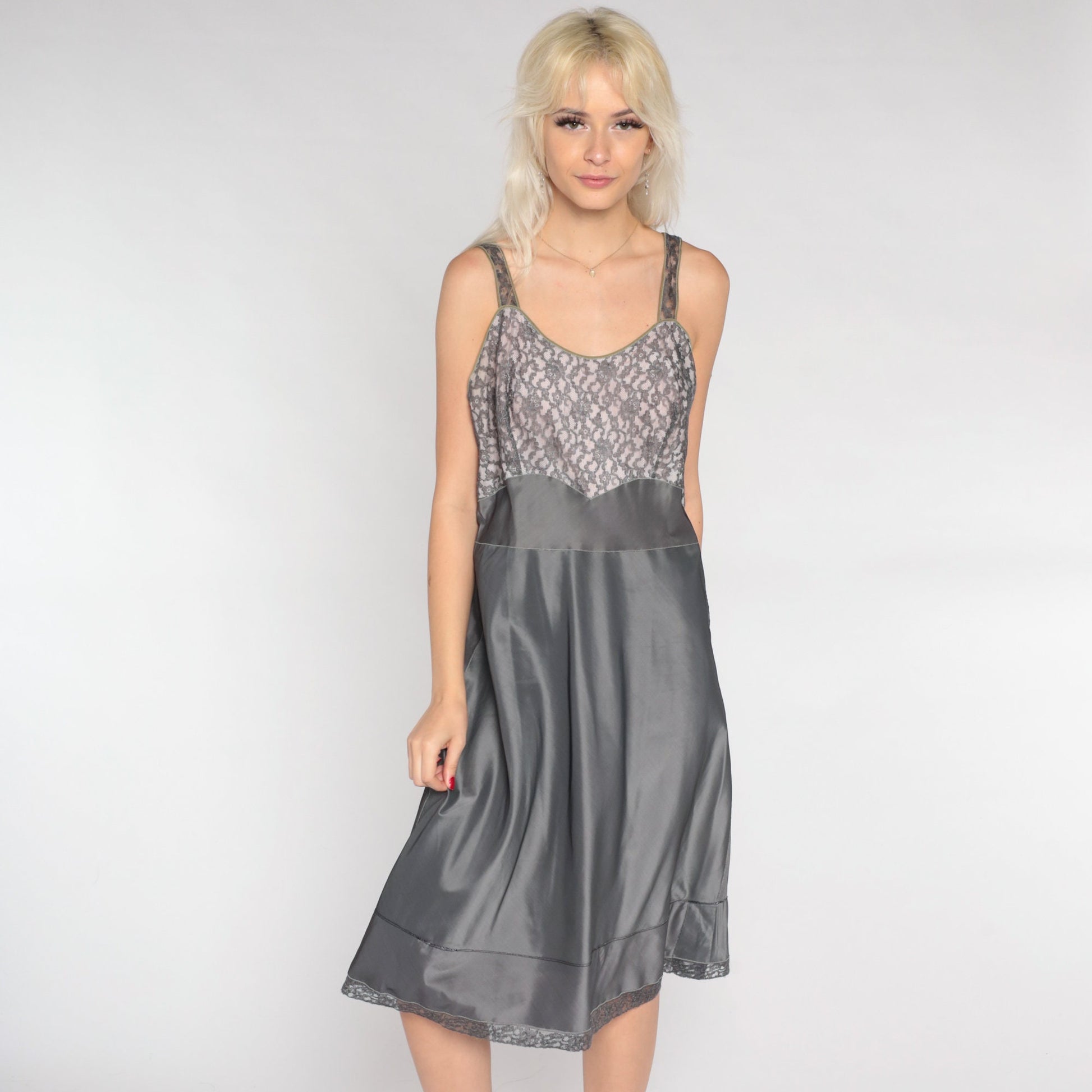 60s Barbizon Lace Slip Dress Grey Floral Empire Waist Midi Medium M