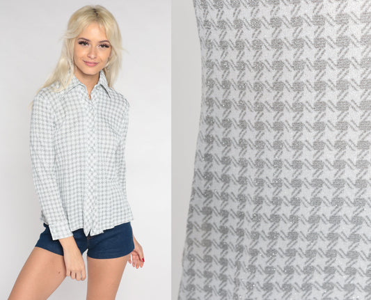 70s Silver Checkered Metallic Button-Up Blouse Pointed Collar Long Sleeve Small