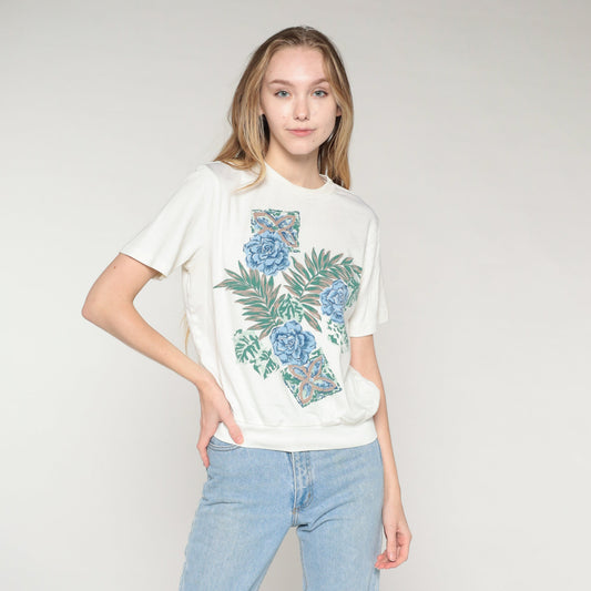 90s Floral Leaf Print T-Shirt White Banded Hem Graphic Tee Medium