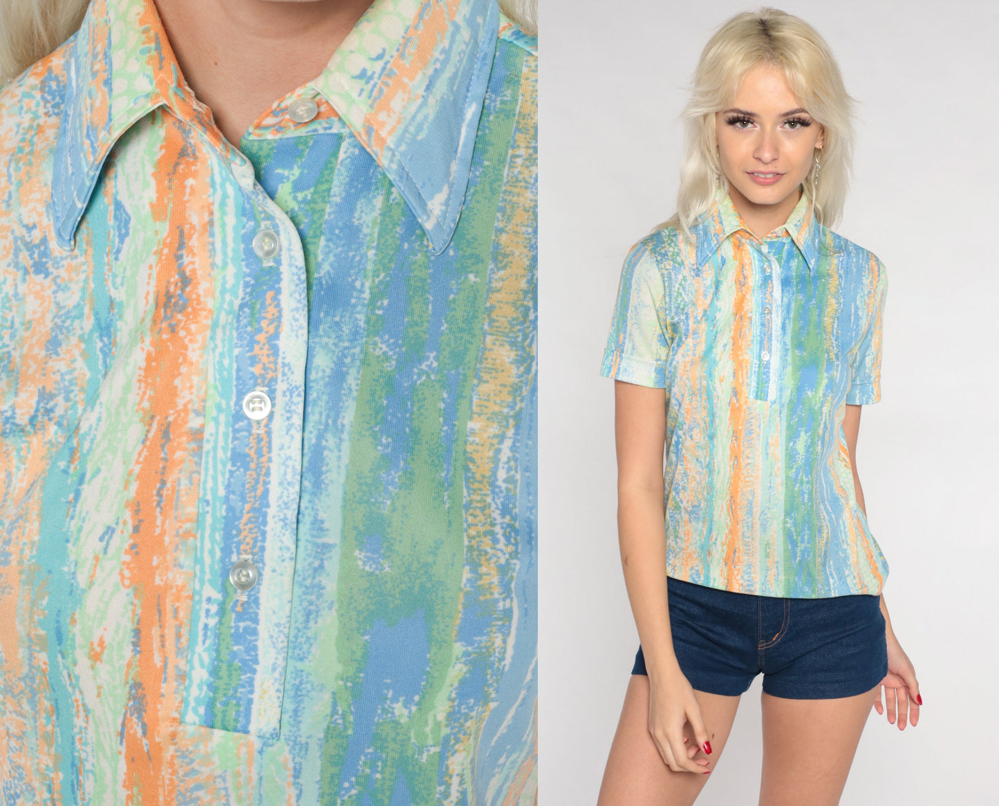 70s Striped Brushstroke Polo Shirt Half Button Short Sleeve Blue Green Orange Small