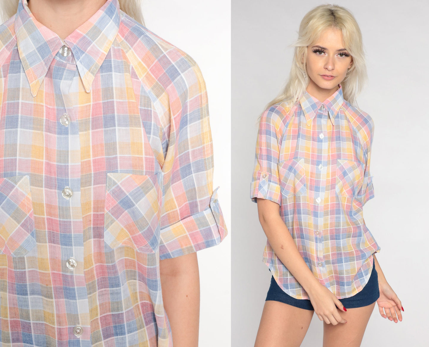 70s Checkered Button-Up Blouse Dagger Collar Short Sleeve Pink Yellow Blue Small