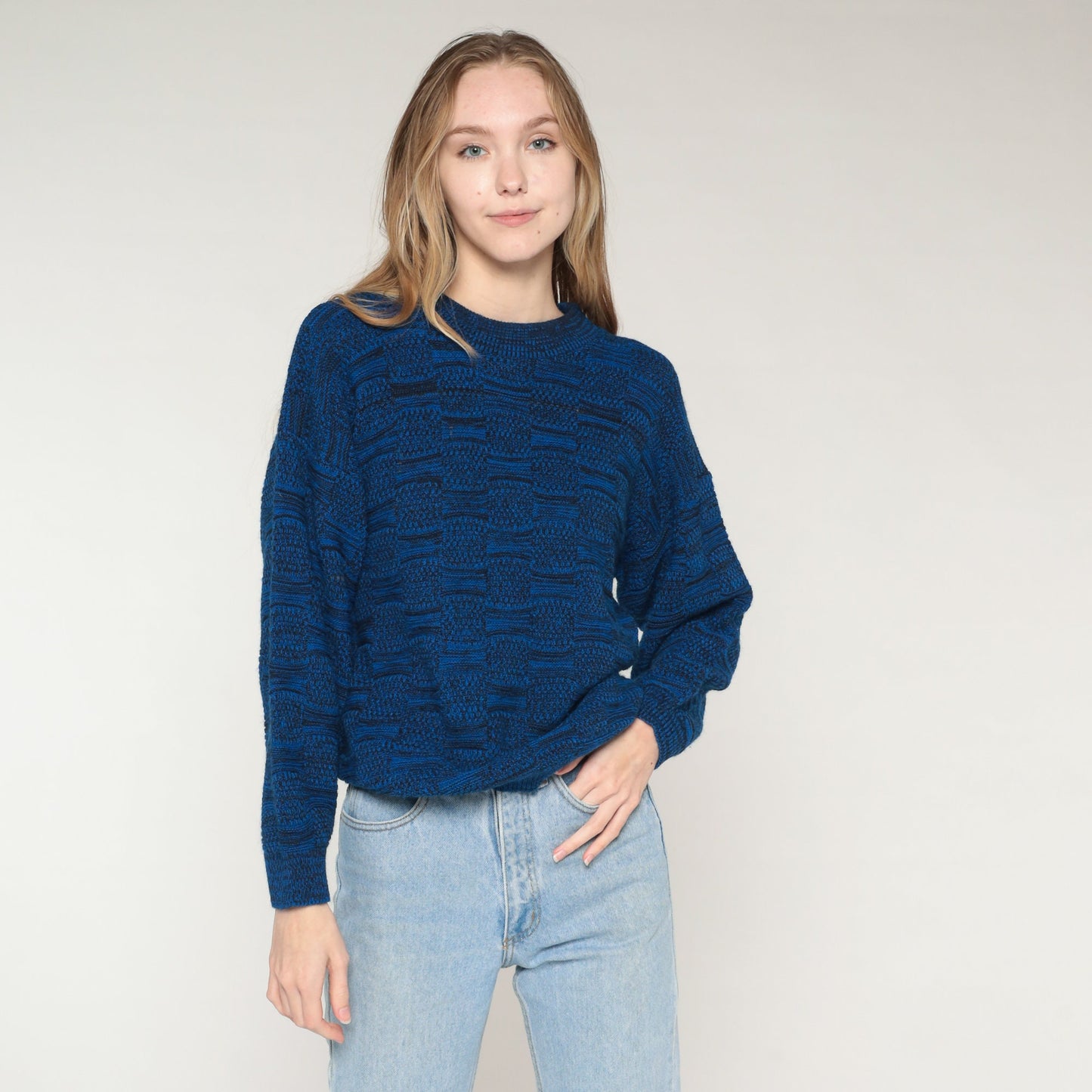 80s Blue Abstract Knit Sweater Crewneck Pullover Medium M