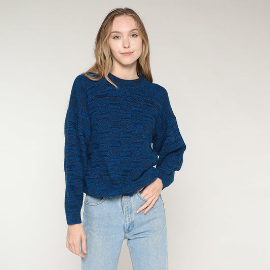 80s Blue Abstract Knit Sweater Crewneck Pullover Medium M
