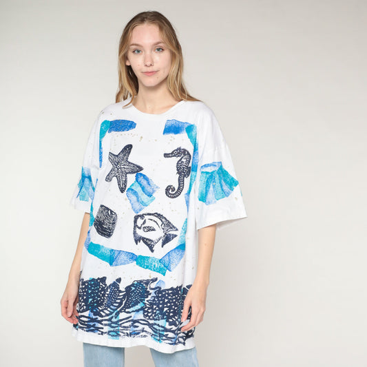 90s Under The Sea Tropical Fish T-Shirt Paint Stamp Graphic White Gold Flecks Extra Extra Large XXL