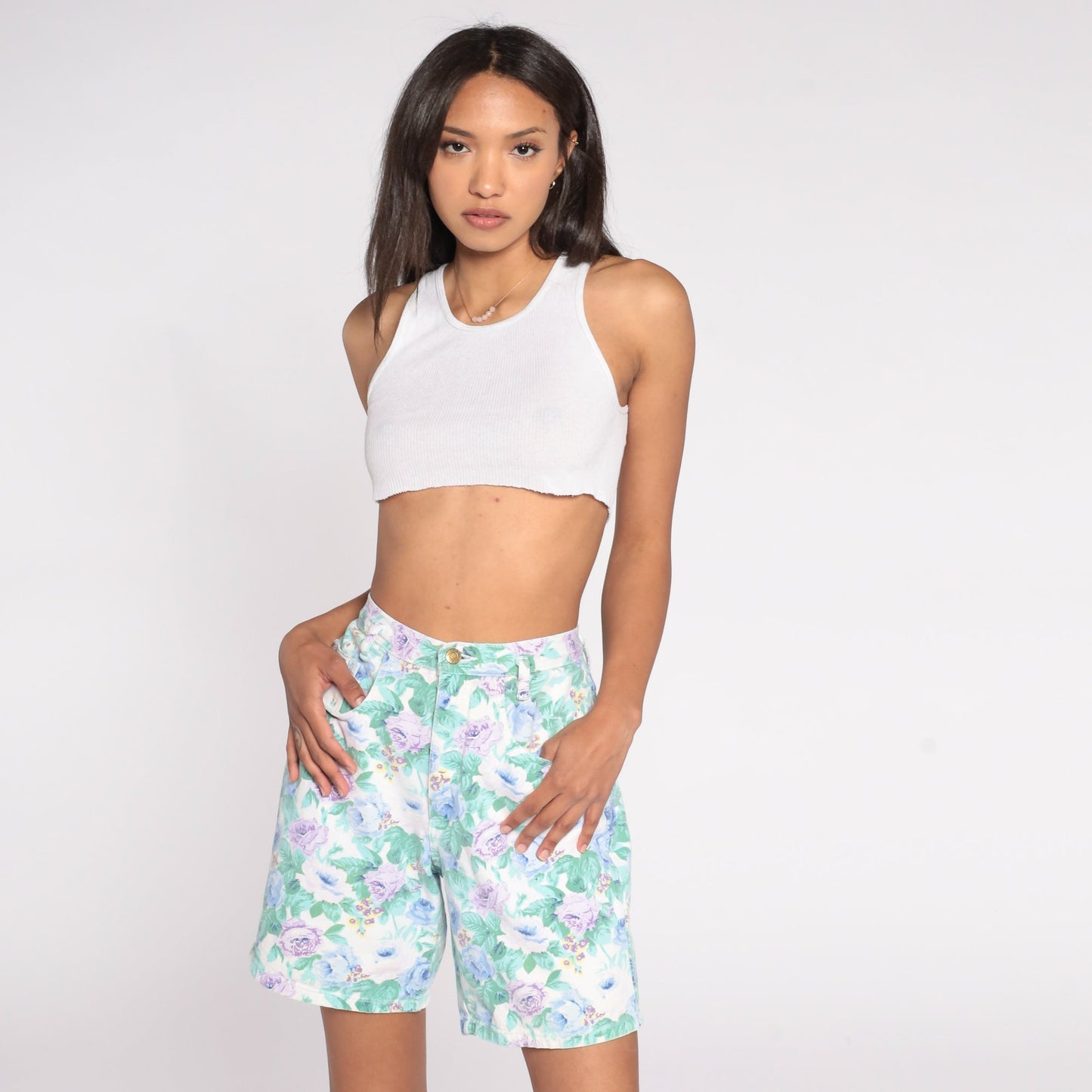 90s Not Guilty Floral Denim Shorts High Waist Green Purple Medium