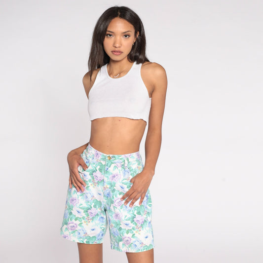 90s Not Guilty Floral Denim Shorts High Waist Green Purple Medium