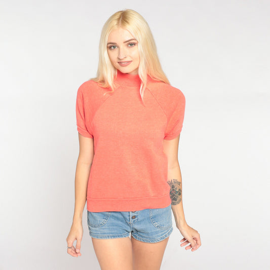 80s Coral Mock Neck Raglan Sweatshirt Short Sleeve Pink Top Extra Small XS
