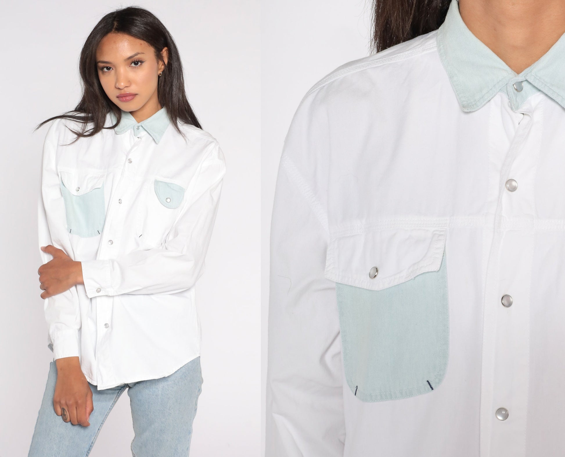 90s White Pearl Snap Western Shirt Long Sleeve Cowboy Button Up Large