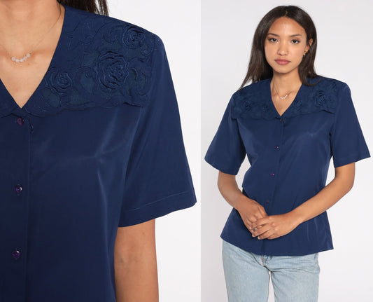 90s Navy Floral Embroidered Collared Blouse Short Sleeve Button Up Small