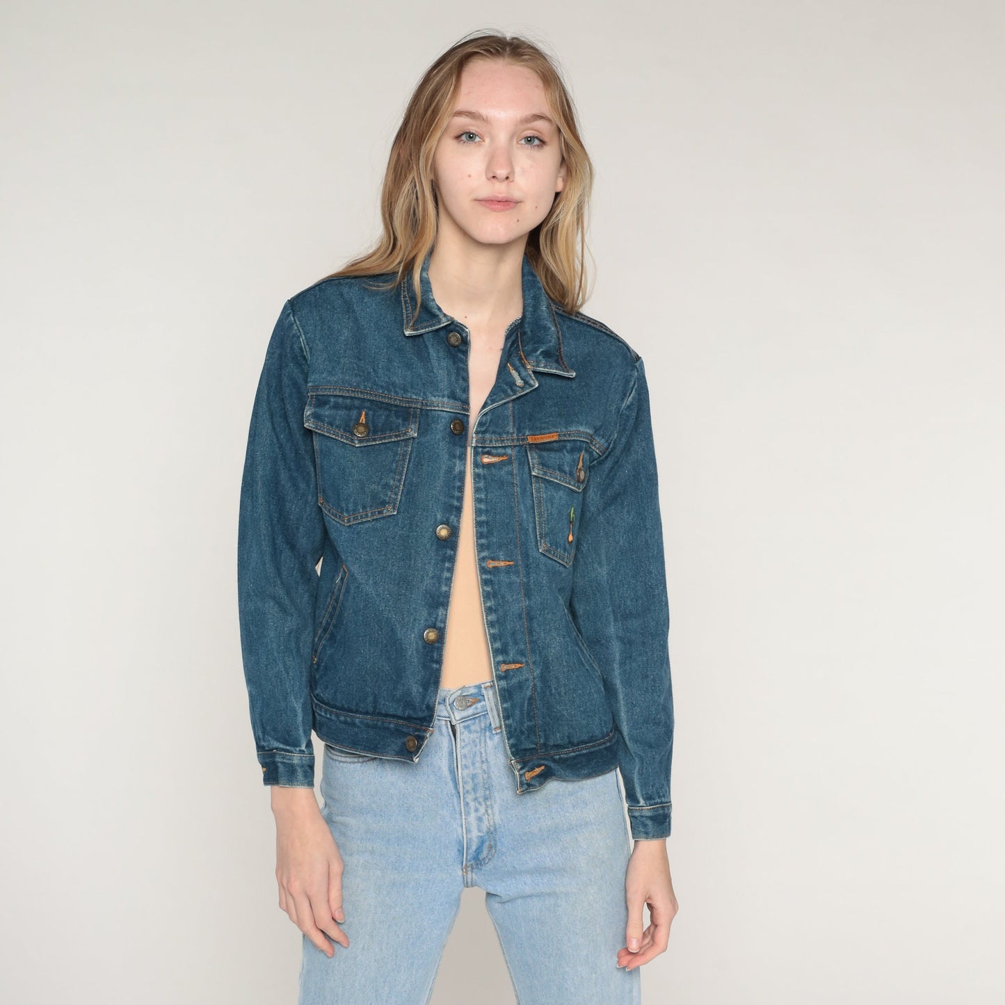 80s Blue Denim Jacket Embroidered Onion Chest Graphic Extra Small