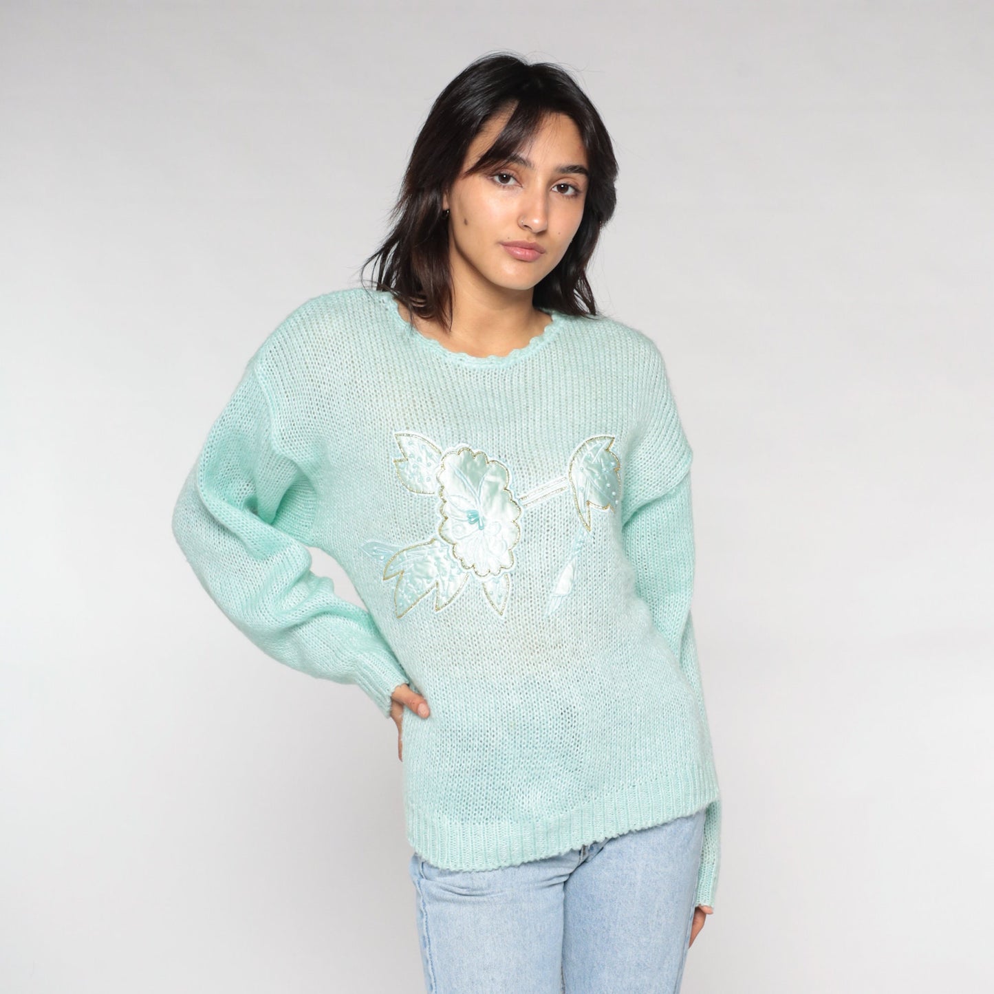90s Mint Green Floral Appliqué Knit Sweater Pullover Medium M