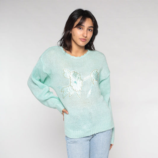 90s Mint Green Floral Appliqué Knit Sweater Pullover Medium M