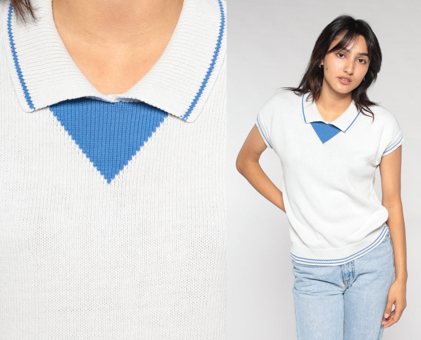 90s White Knit Polo Cap Sleeve Collared Sweater Top Blue Trim Small S