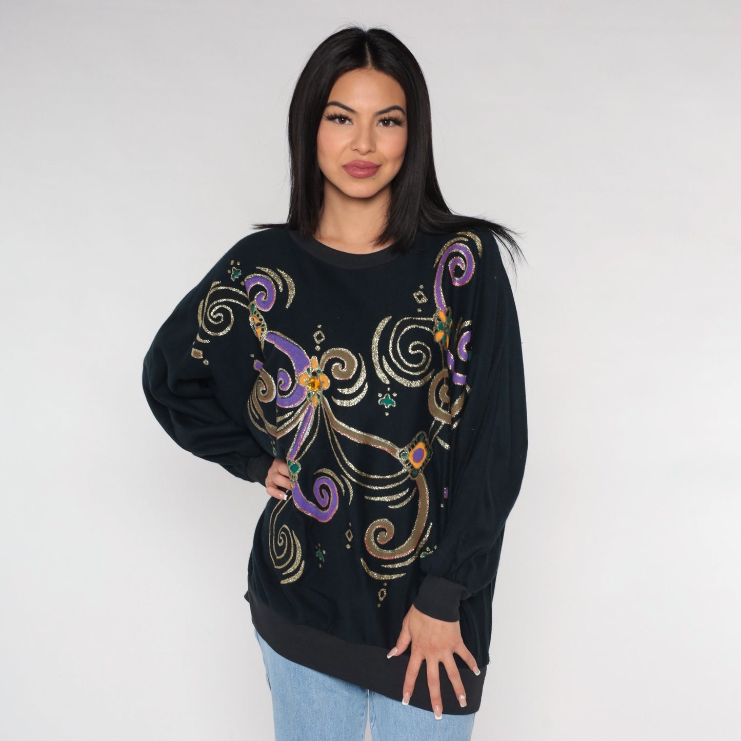 90s Black Sweatshirt Glitter Swirl Rhinestone Print Novelty Sweater Extra Large XXL