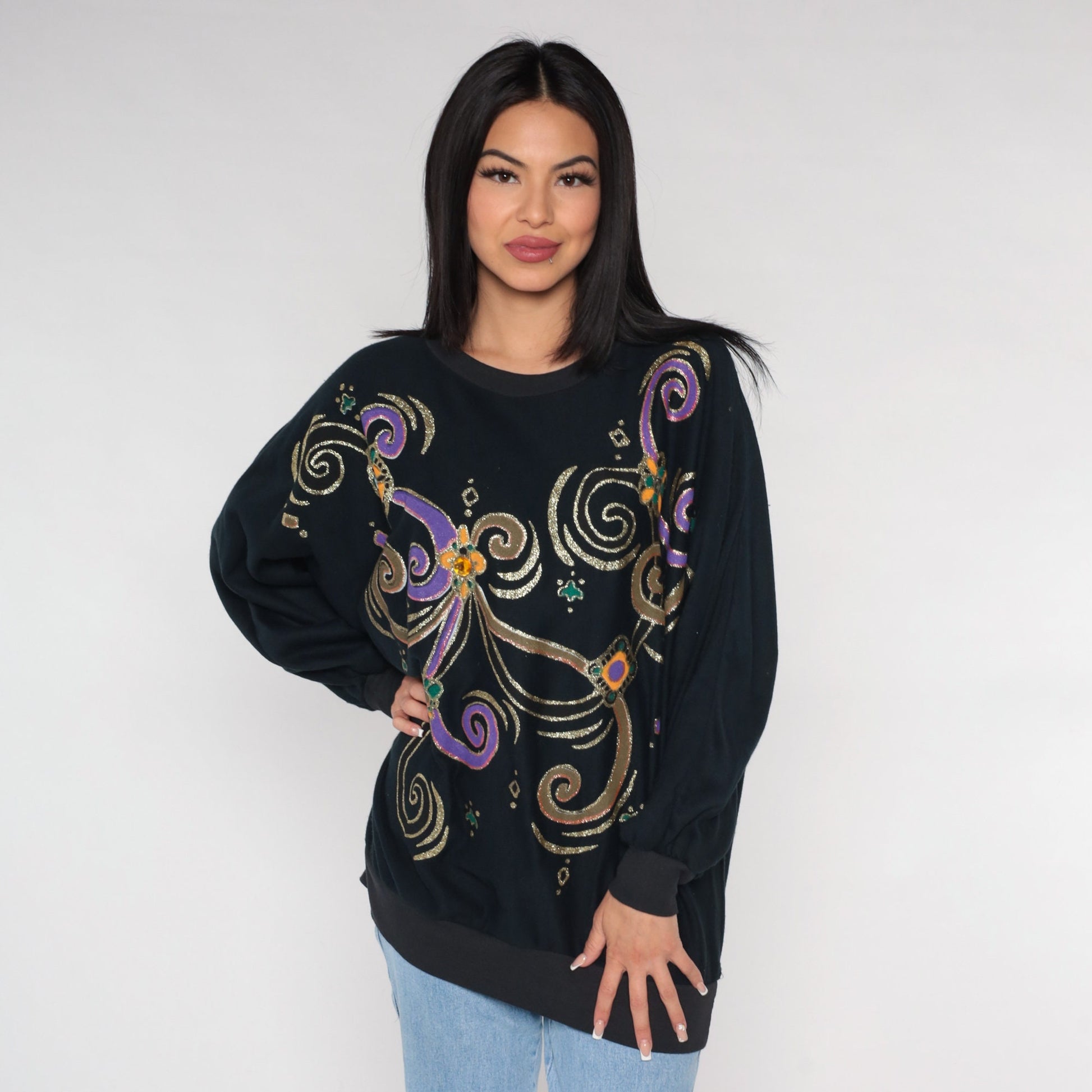90s Black Sweatshirt Glitter Swirl Rhinestone Print Novelty Sweater Extra Large XXL