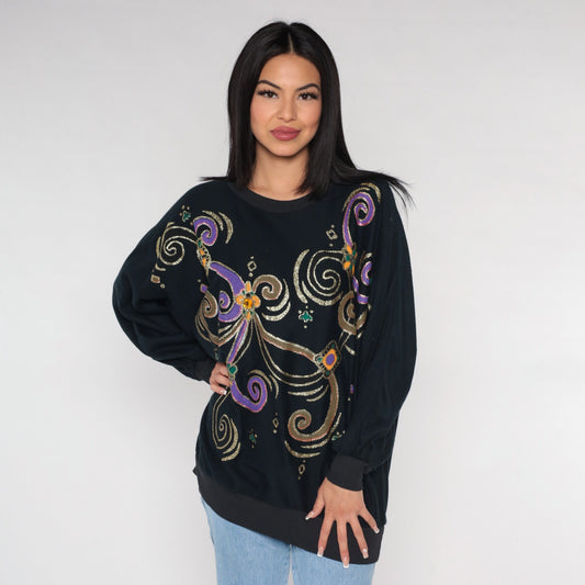 90s Black Sweatshirt Glitter Swirl Rhinestone Print Novelty Sweater Extra Large XXL