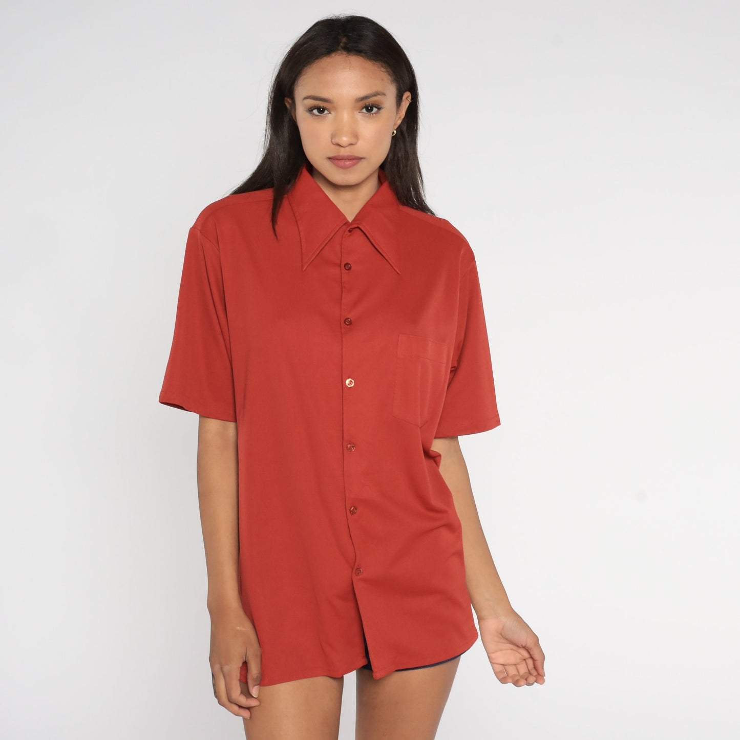 70s Dagger Collar Button-Up Shirt Rust Orange Short Sleeve Men's 16.5