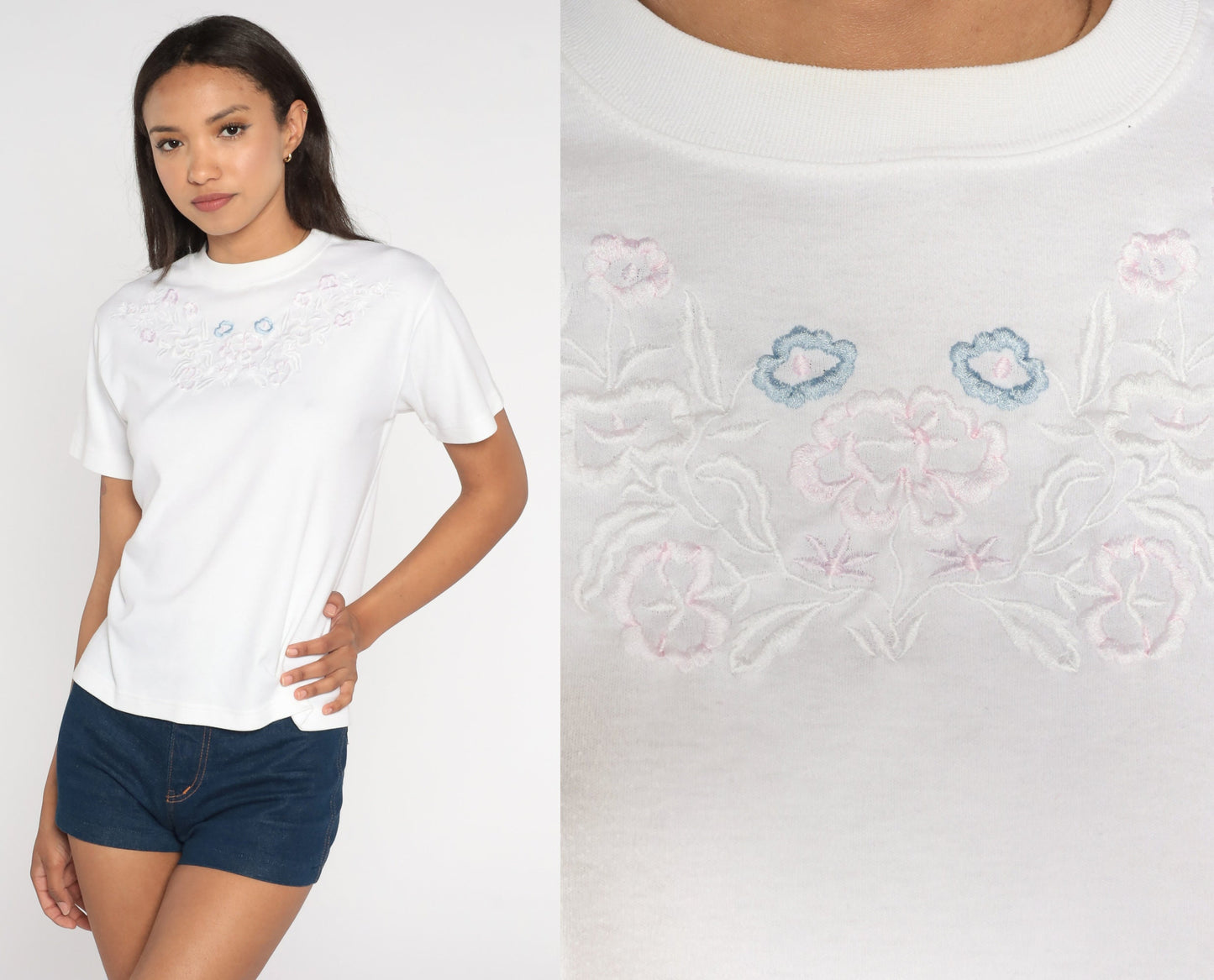90s Floral Embroidered T-Shirt White Graphic Tee Short Sleeve Small S