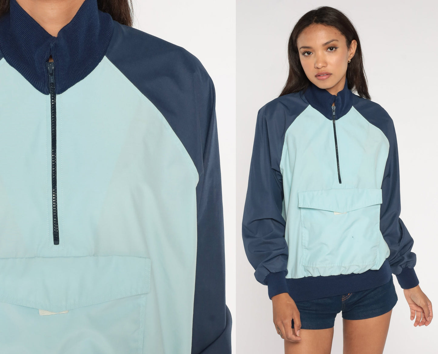 80s Baby Blue Navy Colour Block Half Zip Pullover Jacket Medium
