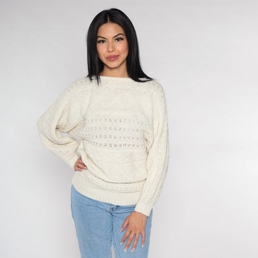 90s White Cable Knit Pointelle Pullover Sweater Small S