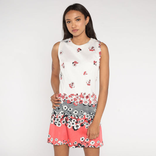 60s Floral Shift Dress Mini Sleeveless White Print Medium