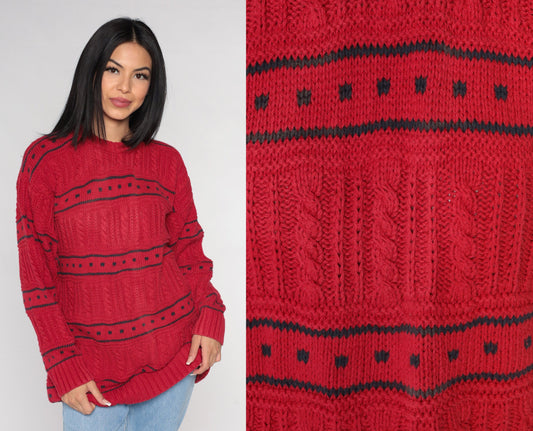 90s Red Cable Knit Sweater Black Geometric Square Crewneck Cotton Large L