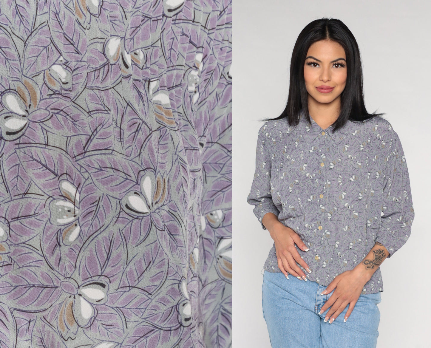 90s Leaf Floral Button-Up Blouse Purple Grey 3/4 Sleeve Pleated Shirt Large L