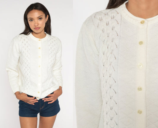 70s Pointelle Cardigan White Open Weave Button-Up Sweater Small S