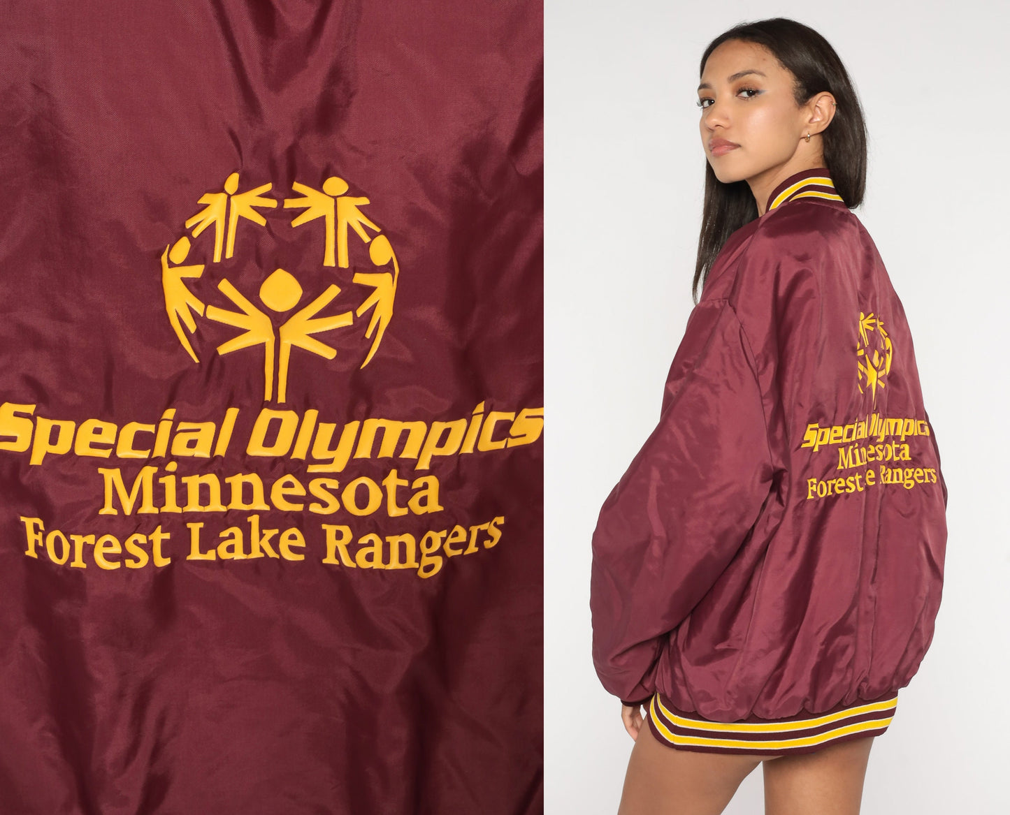80s Special Olympics Minnesota Forest Ranger Bomber Jacket Burgundy XXL