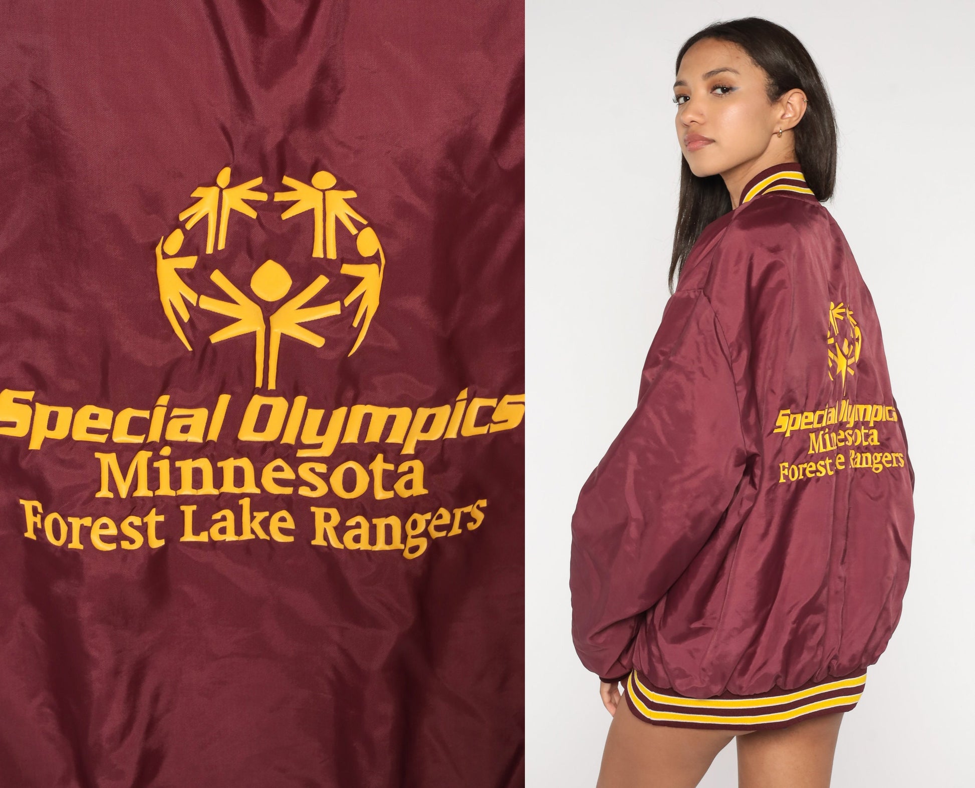 80s Special Olympics Minnesota Forest Ranger Bomber Jacket Burgundy XXL