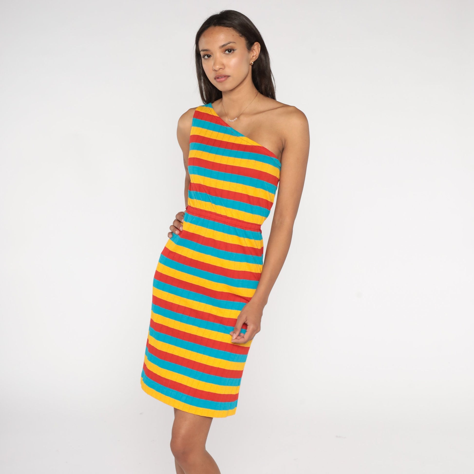 70s One-Shoulder Striped Mini Dress Bright Summer Sundress Extra Small