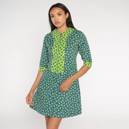 60s Paisley Quilted Mini Dress Blue Lime Green Shift Front Zipper Small