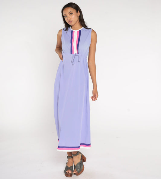 70s Lavender Nylon Slip Nightgown Striped High Waist Maxi Medium