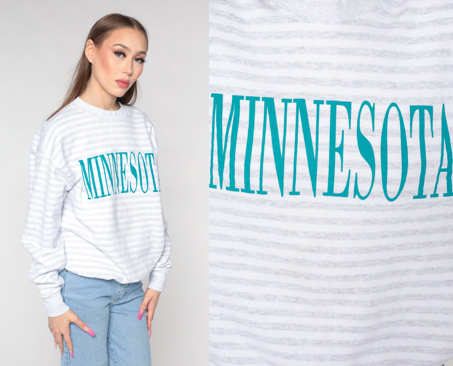 90s Minnesota State Graphic Sweatshirt Grey White Striped Crewneck Large