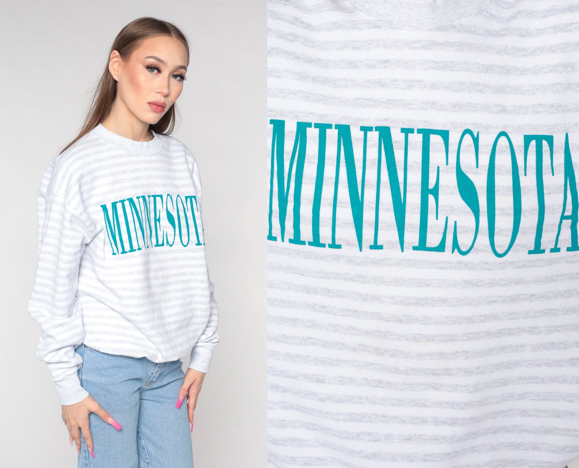 90s Minnesota State Graphic Sweatshirt Grey White Striped Crewneck Large