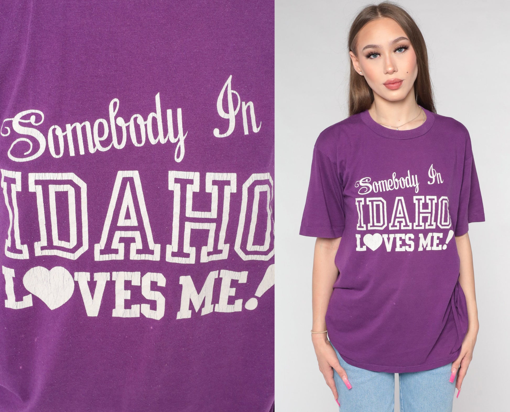 80s Somebody in Idaho Loves Me Graphic T-Shirt Purple Travel Tee Large