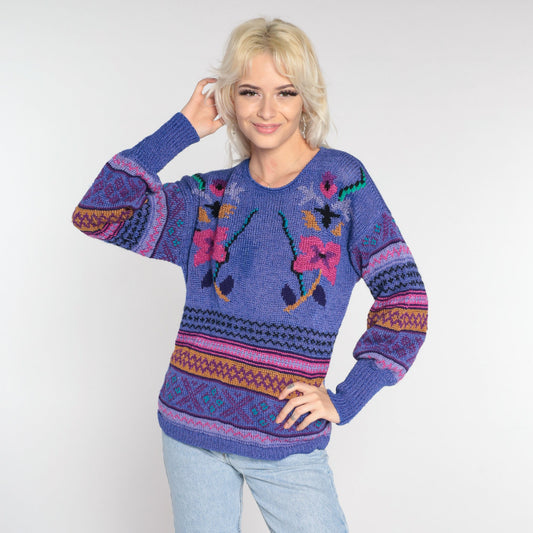 80s Purple Floral Geometric Knit Sweater Pullover Medium