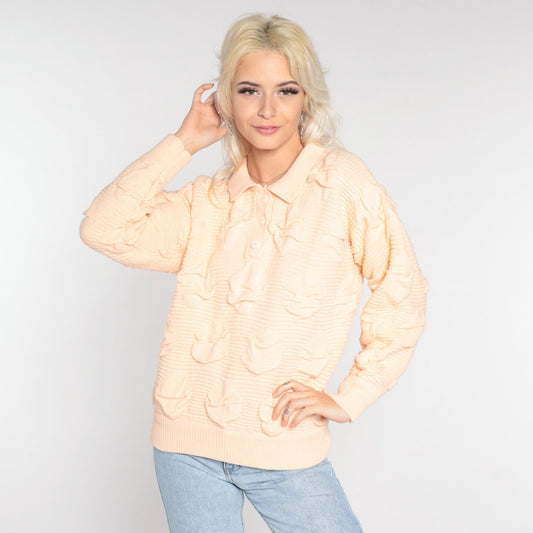 80s Peach Textured Knit Polo Sweater Collared Button-Up Medium
