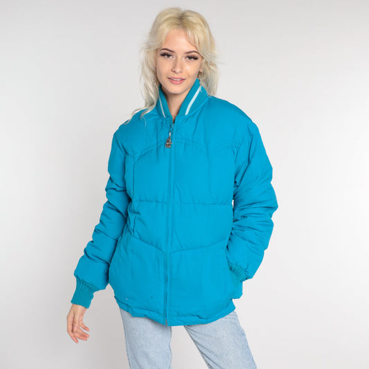 80s Blue Puffer Ski Jacket Nylon Down Fill Zip Front Medium
