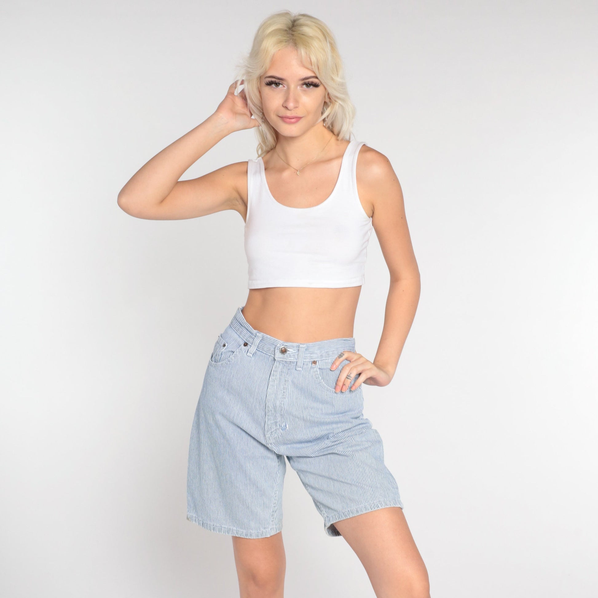 00s Faded Glory Striped Denim Shorts High Waisted Blue White Small