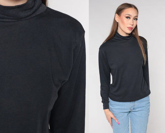 90s Black Turtleneck Long Sleeve Shirt Plain Cotton Medium