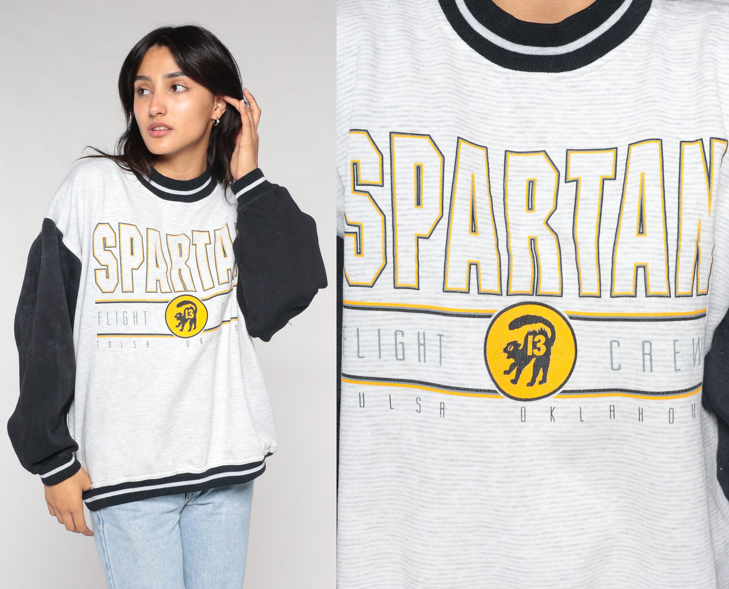 90s Spartans Flight Crew Ringer Sweatshirt Tulsa Oklahoma Aviation Pullover Large