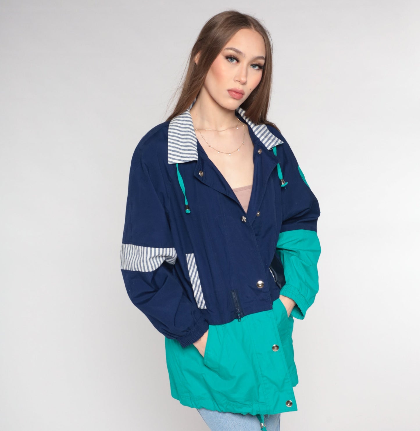 90s Blue Teal Windbreaker Jacket Cotton Blend Striped Trim Medium