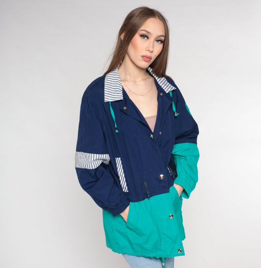90s Blue Teal Windbreaker Jacket Cotton Blend Striped Trim Medium